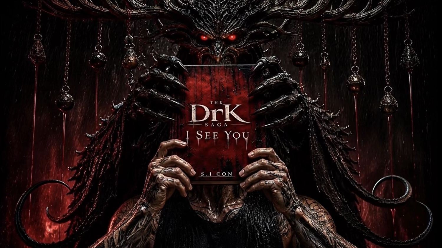 A horned entity holds the I See You novella in clawed hands under red rain