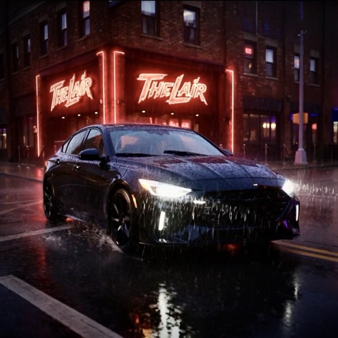 TheLair — a wet black car in the rain under red neon